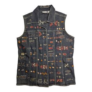 Vtg 1990s Chico's Dark Blue Denim Sleeveless Embroidered Embellished Vest 1  M